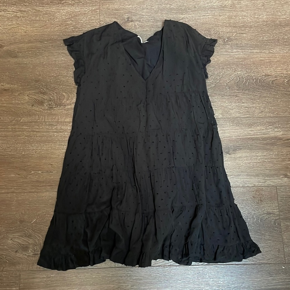 Black mini dress with polka dot embroidered detail